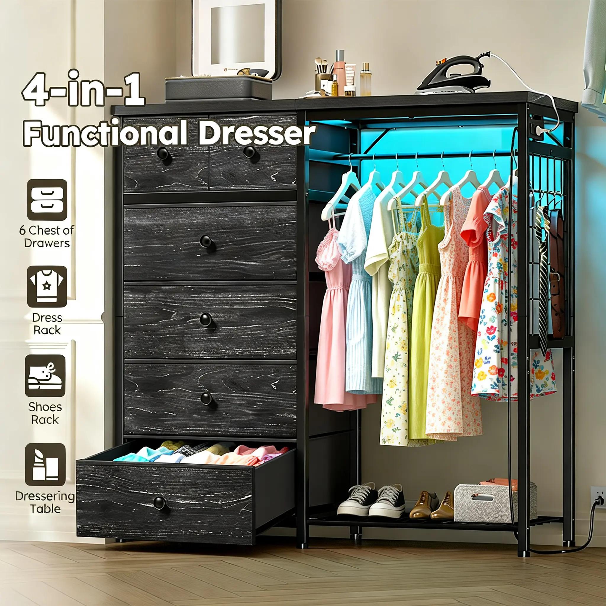 【4-in-1 Design】Raybee 6-Drawer Multi-functional Dresser with Hanging Rod & LED Multi-Color Lights, Built-in Charging Station & Grid Panel with 4 Hooks, Space-Saving Storage Solution for Bedroom, Living Room, Closet, Apartment & Small Spaces, Easy Assembly