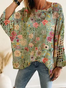 Spring Summer New Round Neck Hollow Out Batwing Shoulder Long Sleeve Floral Print Knit Top, Casual Loose Fit Beach Vacation Hoodie