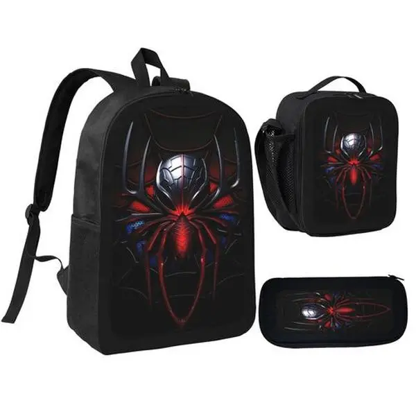Kids' 3-Pieces Spider Superhero Logo Backpack Set, Durable 600D Oxford Cloth Book Bags with Adjustable Breathable Straps, 15-In Laptop Space, First Day Back to School Supplies, School Days