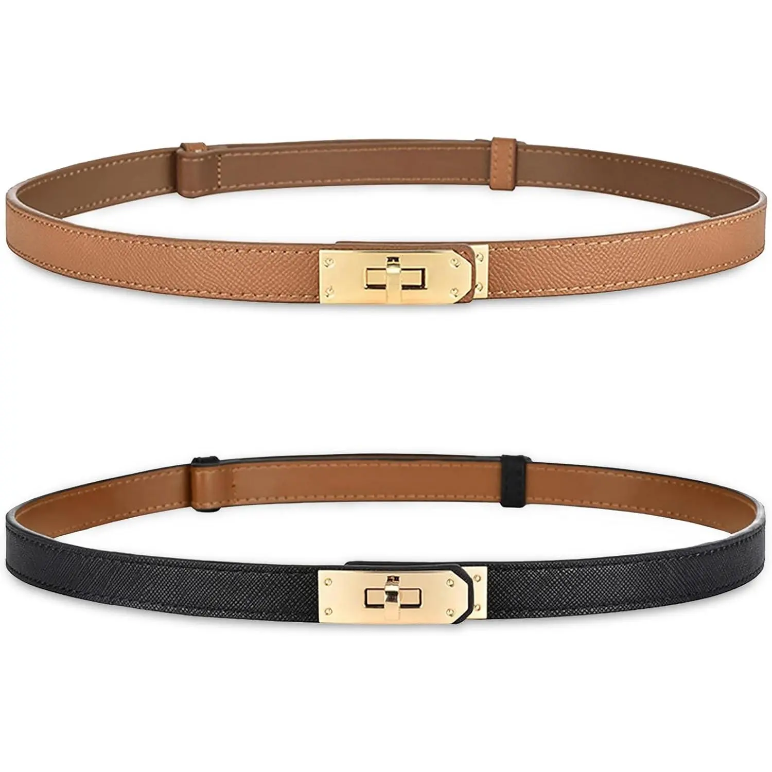 Women's Skinny Belts 2 Pack, Synthetic Leather Fashion Accessory with Gold Turn Lock Buckle, Easy Adjustable for Dresses and Jeans, Easy Adjustable Belt, Versatile Fashion Belt