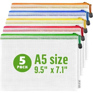 5 Pack Small A5 9.5x7.1in Clear Waterproof Mesh Zipper Pouch Plastic Bags for Organizing Travel Receipts Makeup