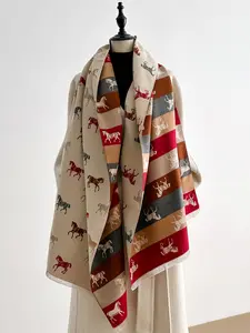 Women's Elegant Animal Print Horse Pattern Scarf, Thick Woven Fabric, Fashionable Shawl for Fall & Winter, Perfect Birthday Gift, Fitted Accessory