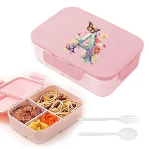 Butterfly & Flower & Letter Pattern Bento Lunch Box, 1 Count 3 Compartments Portable Lunch Box with Lid, Durable Lunch Box for Adults & Teens, Bentobox