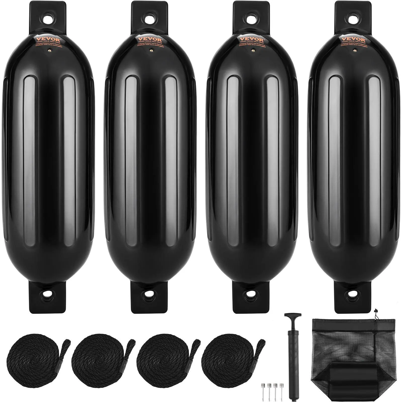 【SummerFinds】VEVOR Boat Fenders, 6.5" x 23" Boat Bumpers for Docking, Inflatable Ribbed Fender with Center Holes, Marine Boat Dock Fender Bumper with Air Pump, 4 Needles and 4 Ropes and Storage Bag, Black