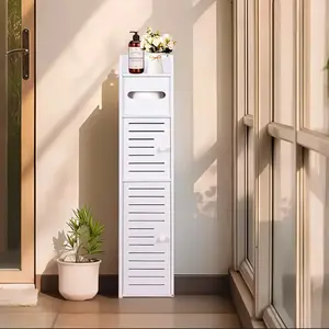 Slim Storage Cabinet with Concealed Door & Top Rack, Compact Bathroom Floor Shelf for Toiletries and Tissue, Daily Use Organizer