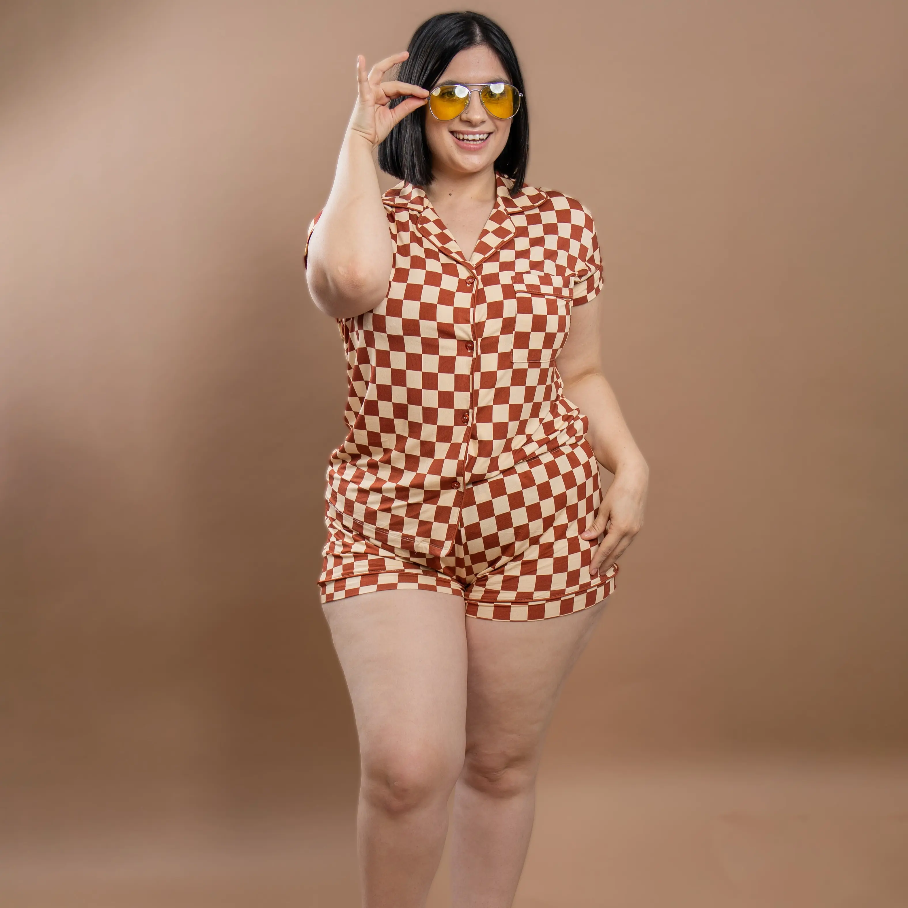 Cozy Ups Remi Neutral Brown Checkered Bamboo Short Sleeve Pajamas