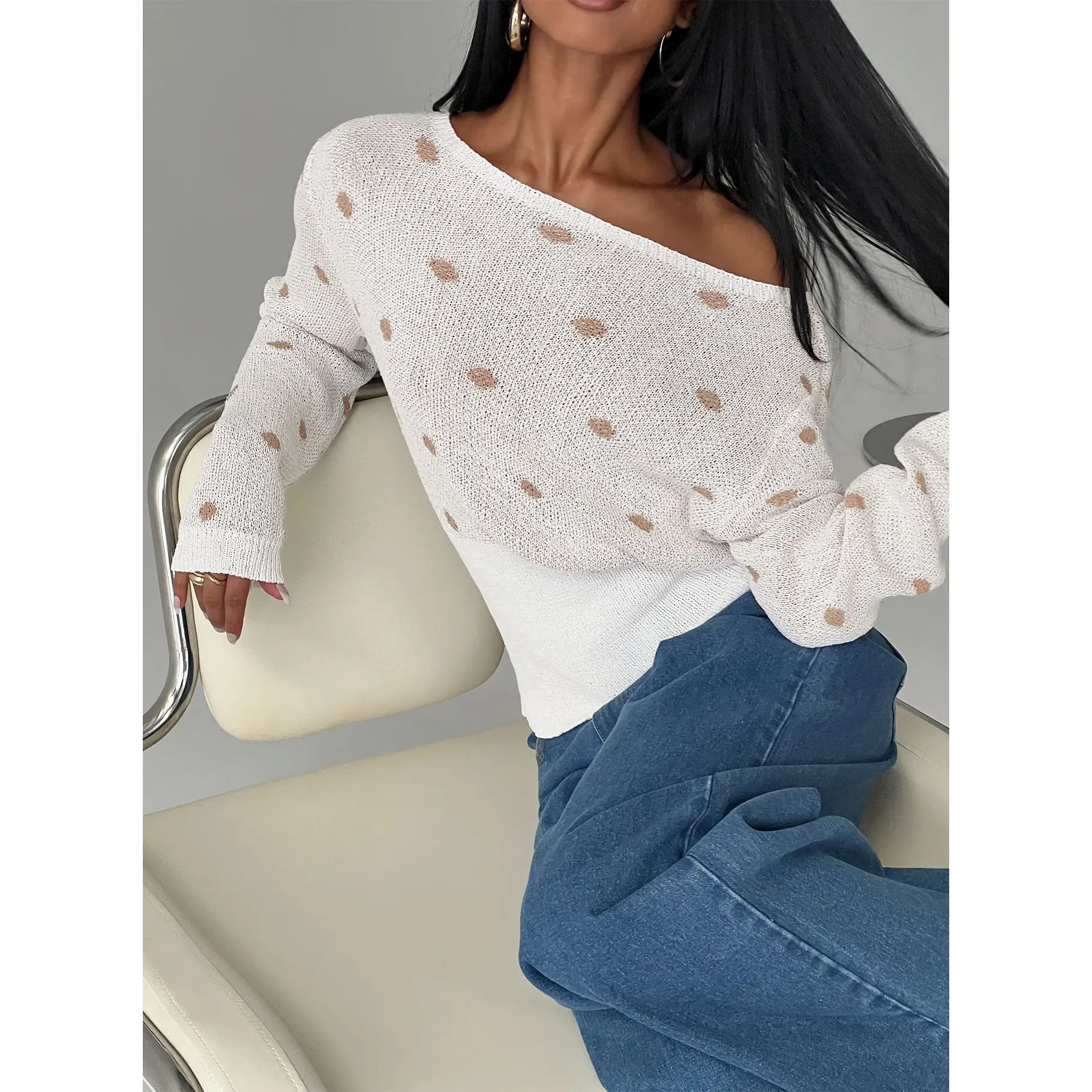 Harvy Off Shoulder Knit Sweater White Polka