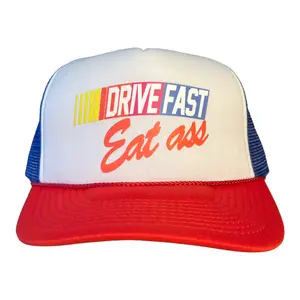 FUNNY TRUCKER HAT Drive Fast Eat Ass hat Red/White/Blue snapback hat adult size college party nascar racing cap gag gift tailgating cap dad