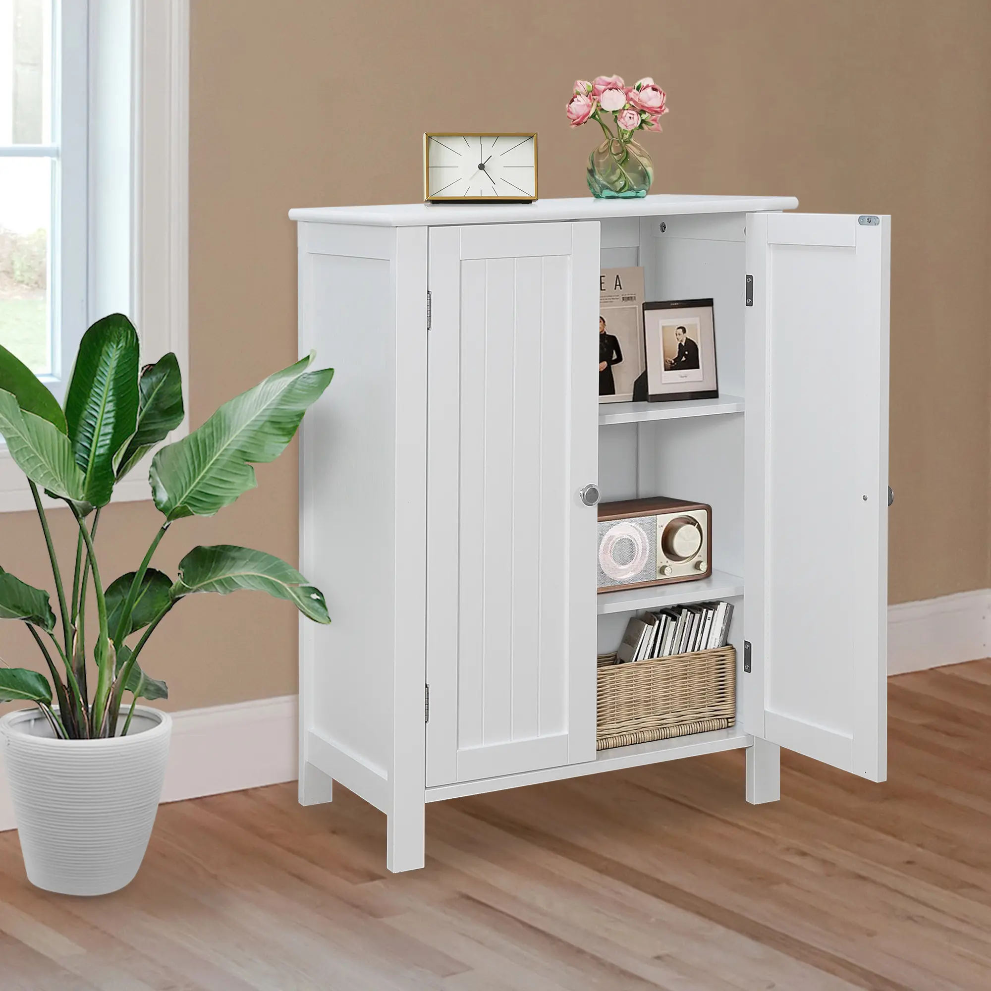 White Classic MDF Wood Freestanding Bathroom Storage Cabinet - Sturdy Base, 3 Shelf Height Set, Anti-Tip Kit, Adjustable Shelves, Easy Installation, Fits Tight Spaces, Modern Home Furniture, Kitchen Cupboard
