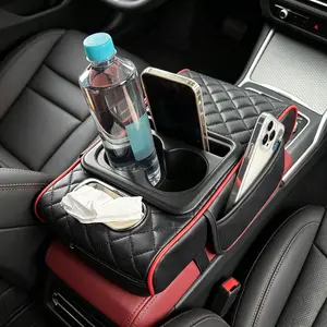 5-in-1 car center console lid organizer with two storage bags, cup holder, tissue box slot, and phone stand; universal car interior storage box