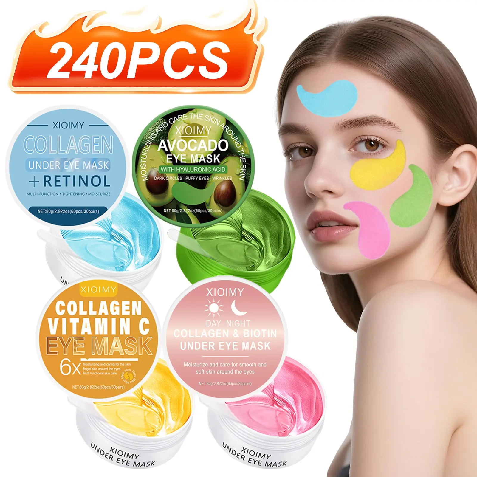 240pcs Collagen Retinol Avocado Turmeric Vitamin C Biotin Hydrating Eye Care Set, Intense Hydration, Brightening, Nourishing, Smooth Soft Firm Bright Skin, Eye Mask Kit