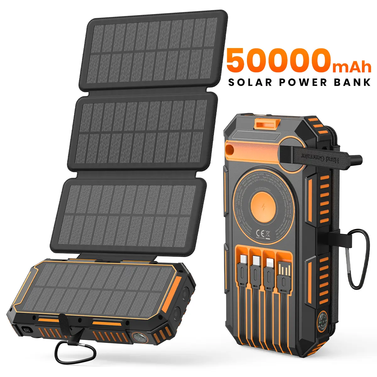 Hiluckey 50000mAh Solar Panel Chargeable Power Bank - 15W Fast Wireless Charger with 4 Built-in Cables, 7 Multiple Outputs, USB-C, for Smartphones, Outdoor Use, Holiday Gifts (Portable Power Solutions)