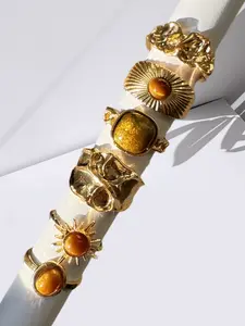 6 Pieces Set Vintage Gold Sunflower Geometric Pattern Inlaid Tiger Eye Stone Crackle Ring Set Holiday Party Daily Casual Versatile Jewelry Stacking Rings