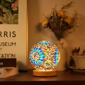 Mosaic Night Light Lamp, Glass Decorative Base Wooden Stand Ambient Lighting, Creative Ethnic Style Pattern USB Powered for Living Room Bedroom Desk Party Decoration, Indoor Lighting, Decorative Ambiance Lighting
