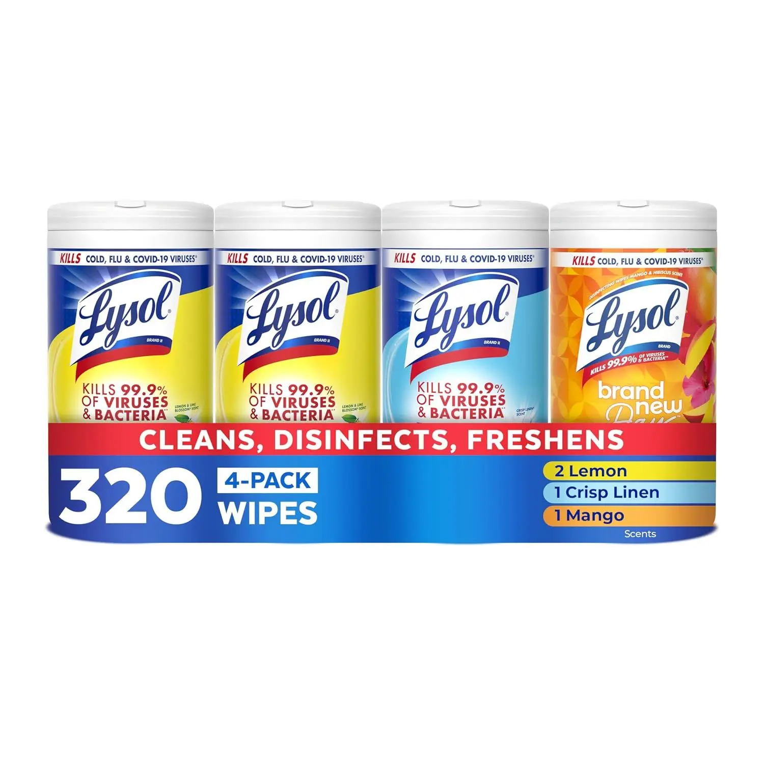 Lysol Disinfecting Wipes, Cleaner, Lemon + Mango + Linen, 80 ct. (4 Pack) | All Purpose Cleaner, Sanitizing, Deodorizing, Apartment Essentials, Back To School Cleaning Supplies, Kitchen & Bathroom Wipe – 80 Count (Pack of 4)