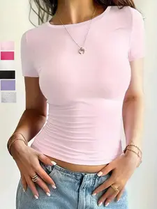Women's Solid Round Neck Crop Tee, Casual Short Sleeve Crew Neck T-Shirt for Summer, Fashion Women's Top for Daily Wear, Casual Everyday Wear
