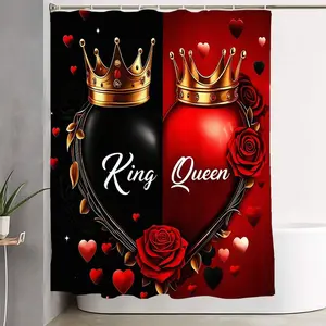 1/4pcs Royal King Queen Bathroom Set - Red Black Shower Curtain with Crown Heart, Matching Toilet Seat Cover & 2 Floor Mats, Gold Rose Star Accents, Perfect for Anniversary, Wedding, Valentine's Day, Royal Themed Home Decor