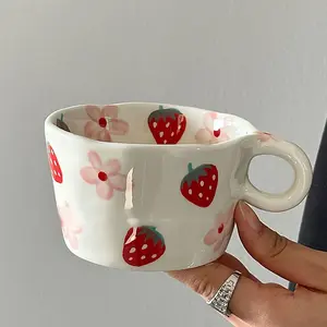 Hand-Drawn Strawberry Flower Ceramic Mug, Style Coffee Cup, Creative Art Design, Perfect for Breakfast & Valentine Gift