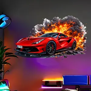 Creative Breakthrough Car Wall Decal,  Explosion Flame Effect Removable Sticker, for Kids Room Living Room Game Room Racing Theme Decor