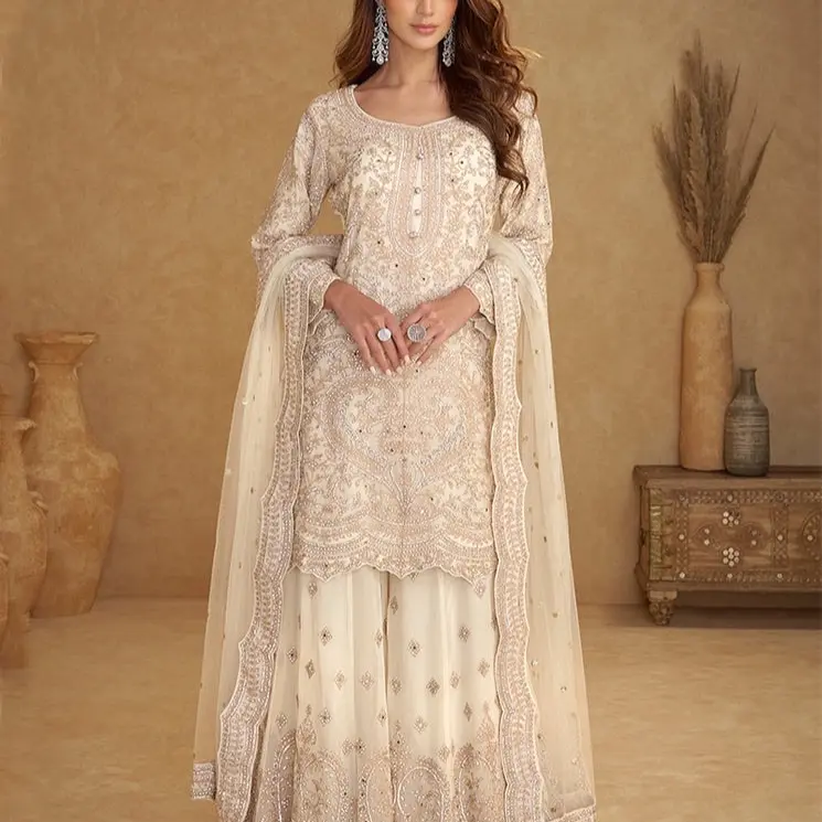 Soft Net Fabric 3pcs Sharara Suit - Size XL/42 Dori, Stone, Mirror Embroidery, Formal Wear for Ladies, Comfortable Stylish Clothe