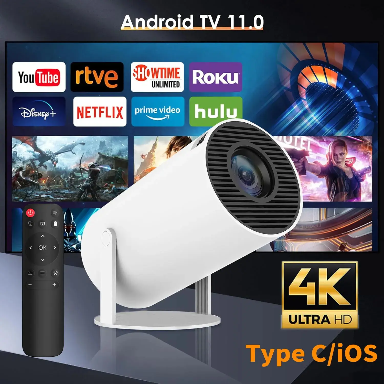 LEJIADA Portable Movie Projector - Android TV 11.0 Mini Wireless Device, 10000 Lumens LED, 1080p Support, 4K Compatibility, WiFi, Bluetooth, USB, HDMI, Automatic Cable, Remote Control, Home Theater Use