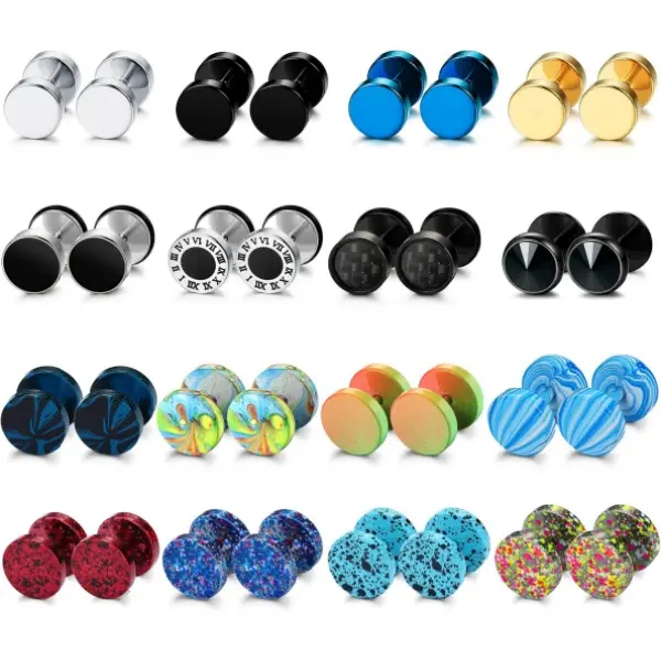 16 Pairs Fake Gauge Earrings for Men Women Stainless Steel Stud Earrings Cheater Ear Plug Faux Gauges Earrings Ear Tunnel