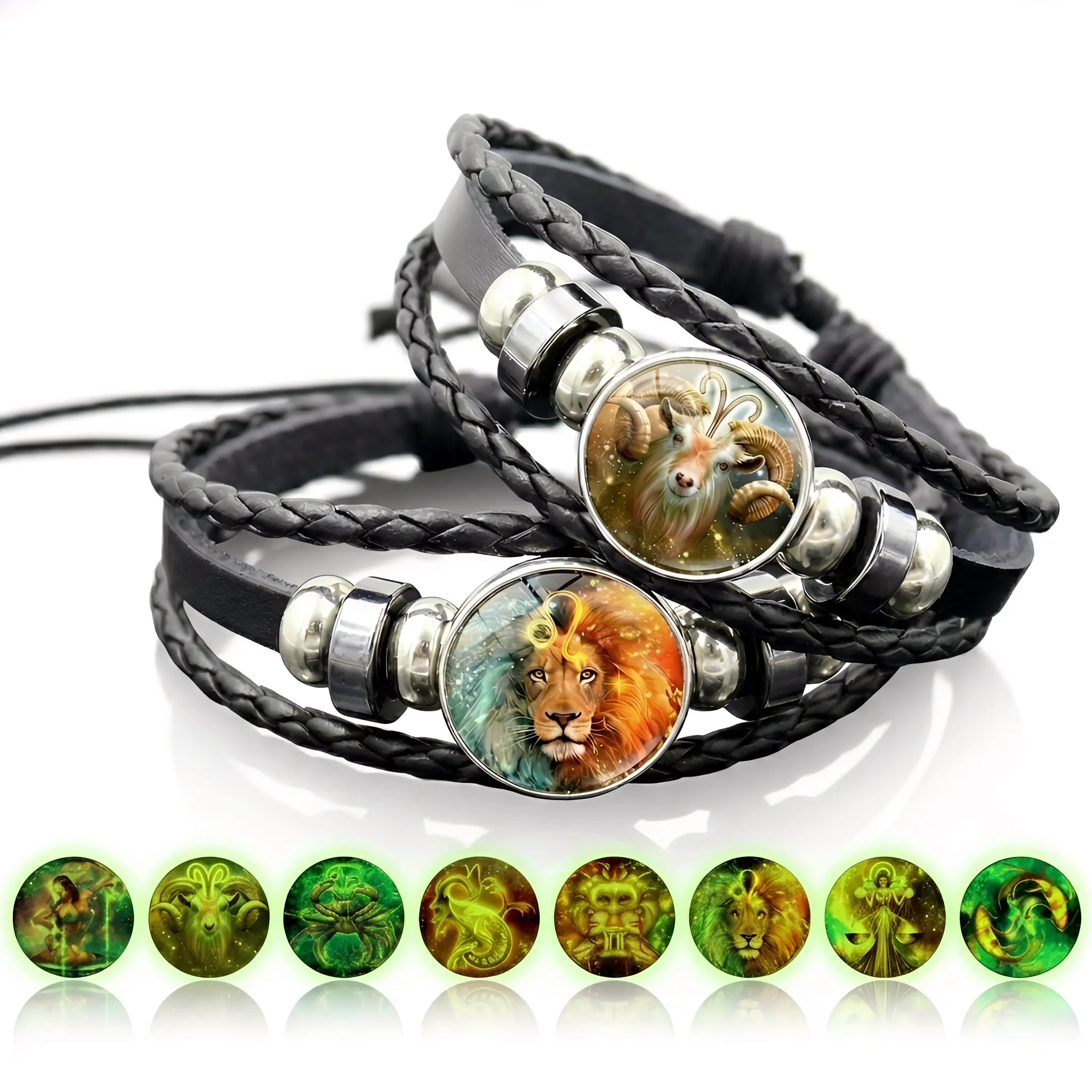 Glow in the Dark Zodiac Braided Leather Bracelet - Braided Jewellery, Durable Glowing Bracelet with Celestial Design, 12 Astrology Signs Accessory for Women & Men, Astrology Lifestyle Gift, Bracelets Jewelry, Horoscope Jewelry