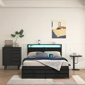 Full Size Bed Frame with 8 Storage Drawers, LED Headboard and Charging Station, Metal Full Platform Bed Frame for Bedroom, No Box Spring Needed, Noise-Free, Stable and Solid, Black