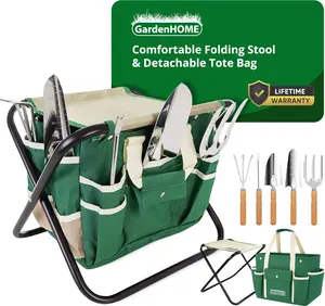 GardenHOME Garden Tool Set, Stainless Steel 7 Piece Tool Set, Heavy Duty Folding Stool, Detachable Canvas Tote Bag (Green)