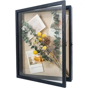 13x16  Shadow Box Frame Glass Door Display Case with Linen  and 6 Stick Pins,1.5 inches Interior Depth,Ideal for Memorabilia Pictures  Medals Tickets Rustic Black