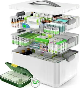 3-Tier Medicine Organizer - Portable Medicine Cabinet with Plastic Handle, Multipurpose Medical Box with Pill Box, Empty First Aid Kit for Home