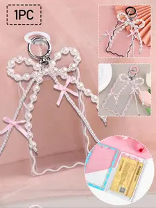 One card holder and one keychain, transparent creative acrylic card holder, keychain with pearl bow, office supplies, back-to-school gift, suitable for photo ID holder, business card holder, ID card holder, women's card holder