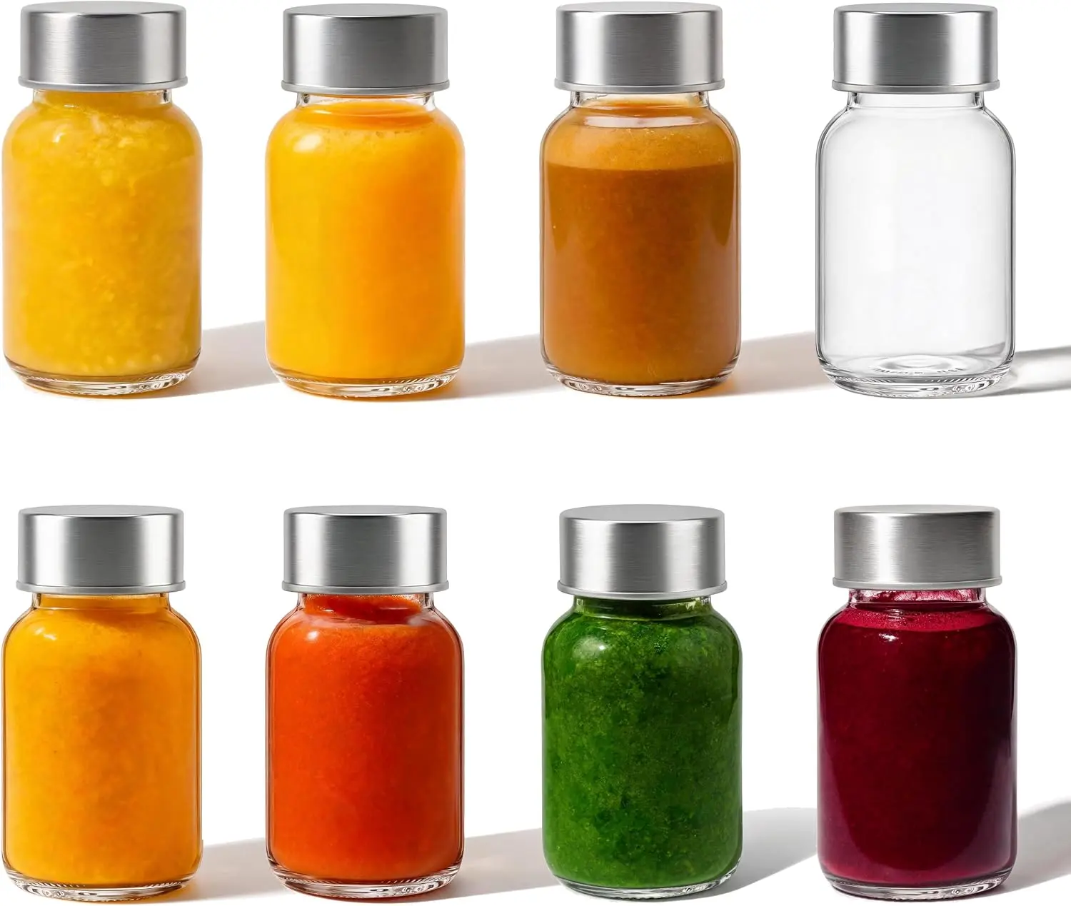 Glass Juice Bottles with Lids 3oz 8 Pack | Wellness Shot Glass Bottles for Ginger Shots,Compact Size,Leakproof,Stainless Steel Lid,Dishwasher Safe,Fridge Safe,Portable