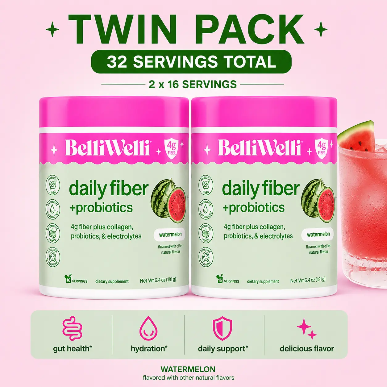 BelliWelli Daily Fiber + Probiotics - Watermelon
