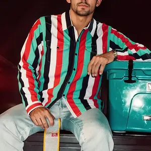 Back to School Autumn Men's Retro Printed Loose Long Sleeves, Vintage Top Striped Casual Shirt Fabric Menswear, Western Cowboy Style Shirt, Father's Gift, Suitable for Streetwear