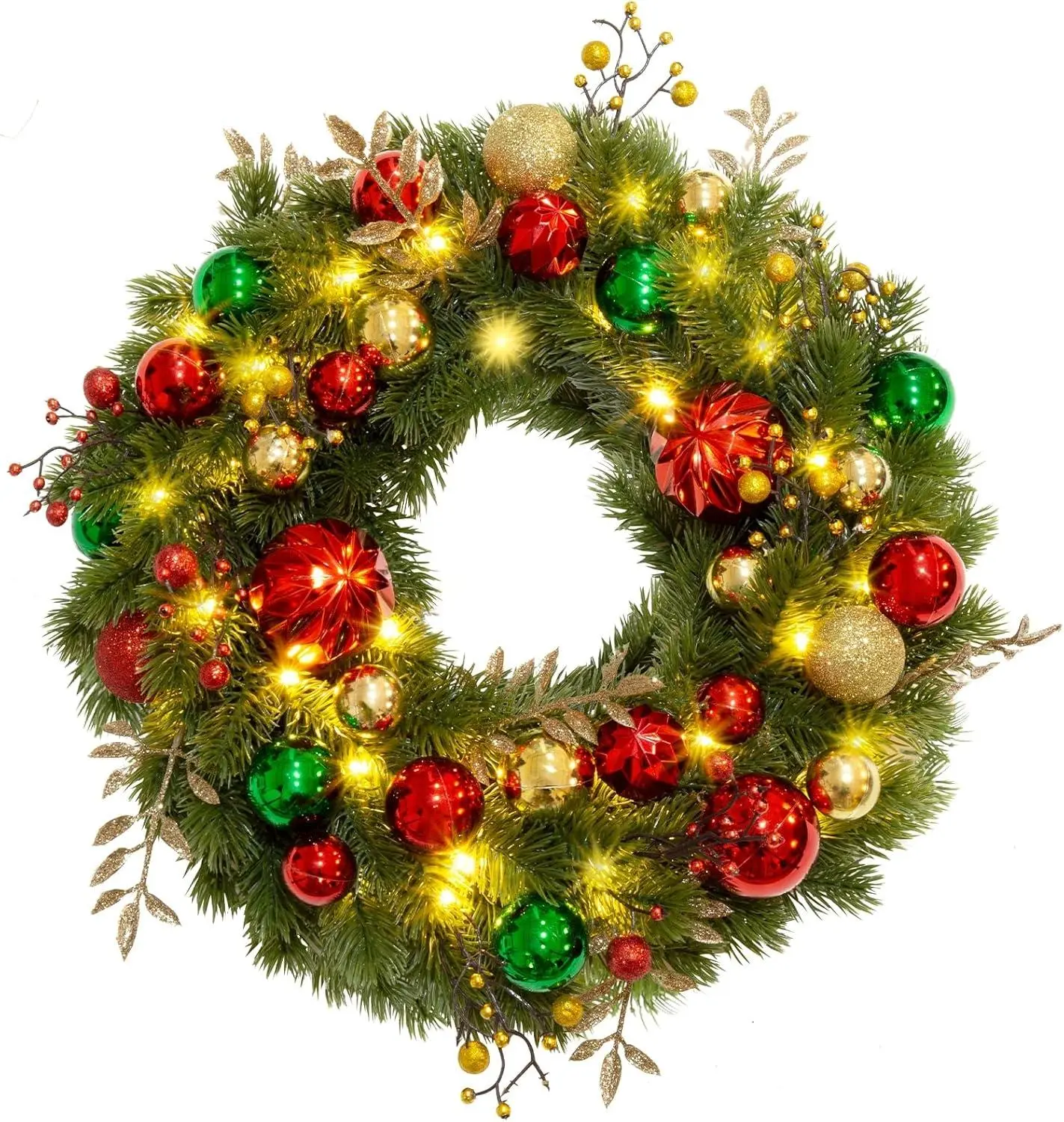 LED Lighted Christmas Wreath Decorations with Hanging Ball Design, Festive Home Supplies for Indoor-Outdoor Front Door, Wall, Windows, Mantle