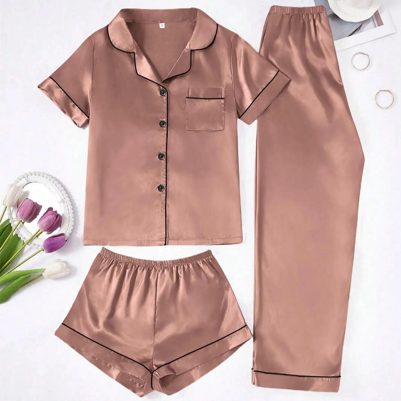 Lady's Minimalist Basic 3-Piece Solid Color Women's Sleepwear Set - Collared Short-Sleeve Top, Elastic Shorts, Long Pants for Cozy Relaxing Nightwear, Shortsleeve, Loungewear, Comfortable, Pyjamas
