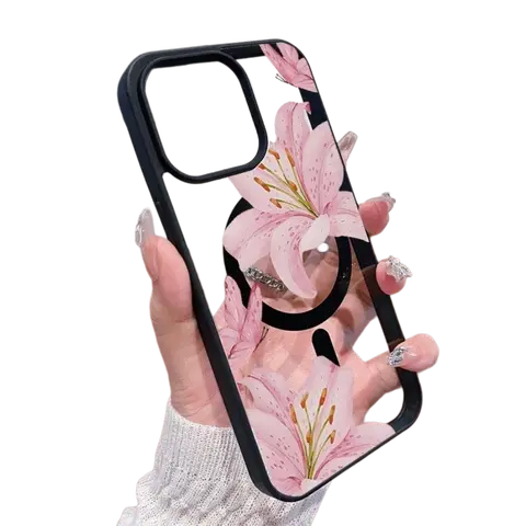 Pink Lilies Magnetic Phone Case - Transparent Ultra-Thin Shockproof Protective Cover with Fashion Floral Pattern, Magnetic Ring Support, Slim Casing for iPhone 12/13/14/15/16/17 Pro Models, Gift for Women