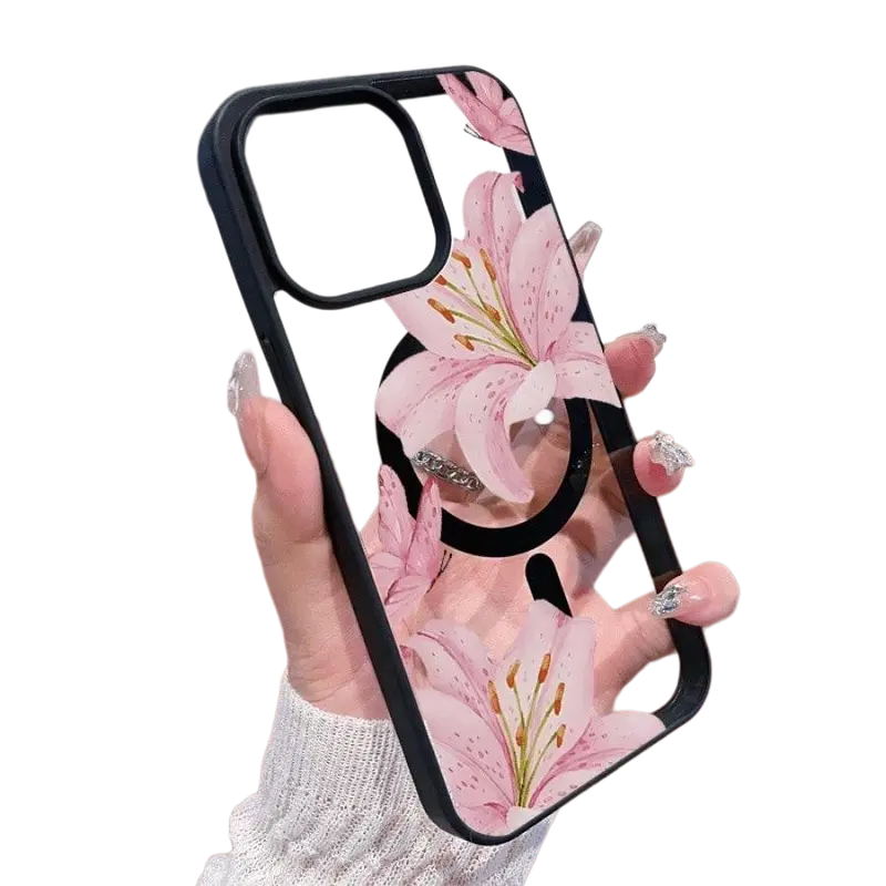 Pink Lilies Magnetic Phone Case for iPhone 17/16/15/14/13/12 Pro Fashionable Pattern Design Transparent Shockproof Classic Gift Ultra-Thin Protective Smartphone Cover
