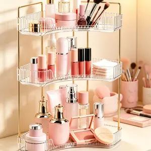 Turn messy countertops around with our fan-shaped corner rack. 3-tier clear acrylic with gold frame, no installation, waterproof for bathrooms. Keep skincare and makeup organized instantly.