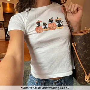 Halloween Cats Pumpkin Baby Tee Cute Halloween Party Graphic Shirt Fall Season Y2k Cropped Top Baby Tee For Her