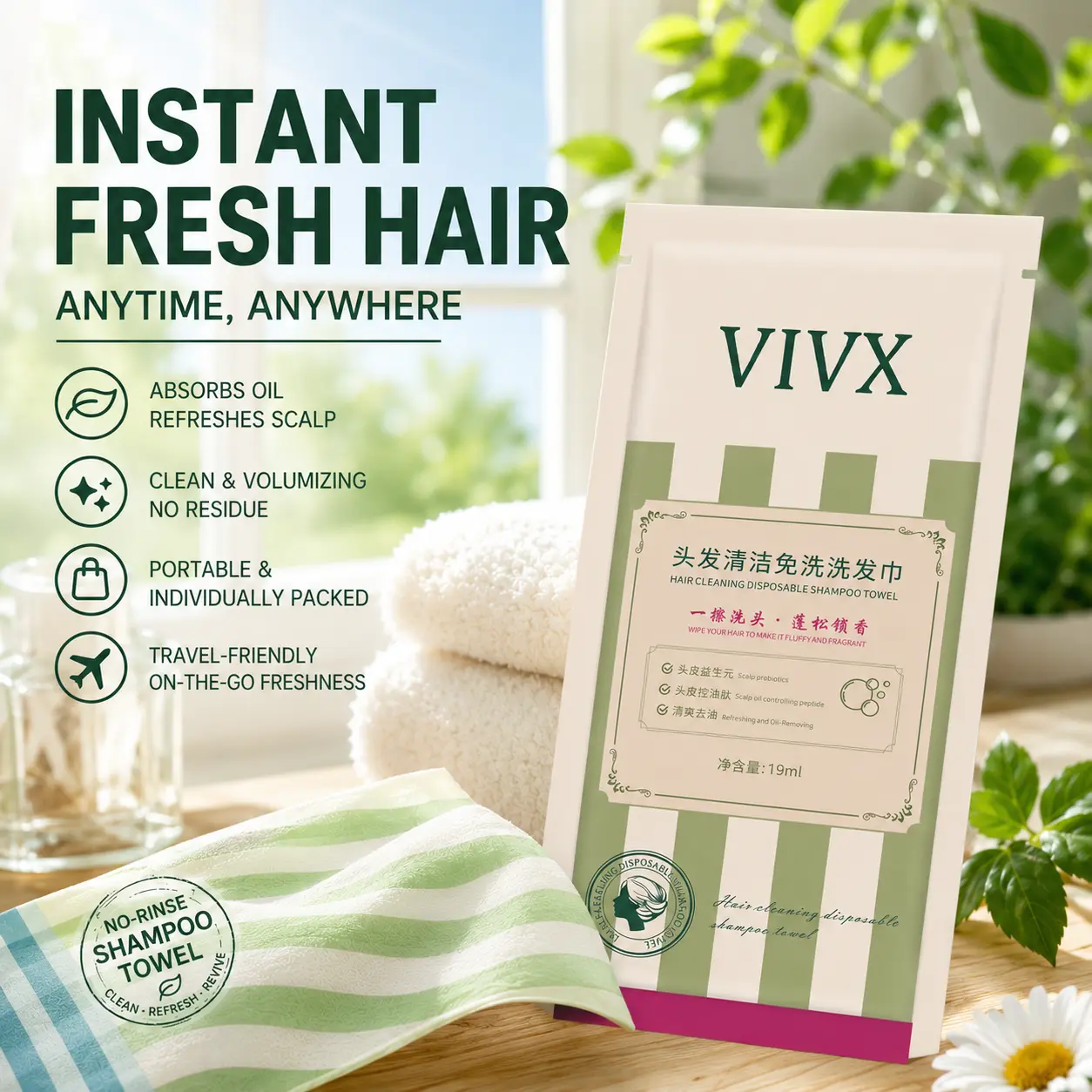 Hair Refresh Wipes for Oily Hair – No-Rinse Shampoo Towels, Instant Oil Absorbing Hair Wipes, 10 Travel Pack