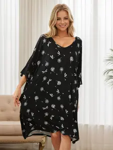 Women's Plus Size V-Neck Half-Sleeve Nightgown - Cute, Casual, Loose-Fitting, Elastic Soft Fabric Pjs Loungewear with Pocket, All Seasons, Fit S-5XL, Women's Clothes, Clothes, Nightwear, DHJF230525,summerwins