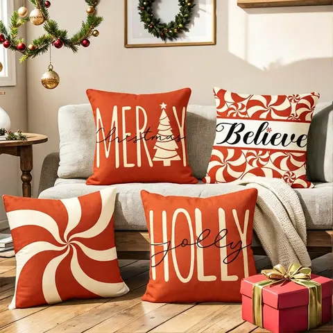 【FaddishDeal】4Pcs-Christmas Decorative Pillow Set, Red Candy Cane Porch Pillow Cover, Single-Sided Linen Print, Winter Holiday Gift, Cushion Cover Home Decor.excellent gifts for Christmas and new year，Must-buy on Black Friday