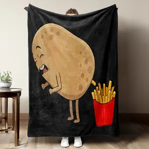 1pc Retro Vintage Cartoon Print Flannel Blanket - Cozy French Fries Design, Soft, Warm, Tear-Resistant - Indoor Use Throw for Sofa, Bed - Fun Potato Lover Gift with Smiling Potato & Fries Illustration - All-Season Comfort, Mixed Colors, 280GSM