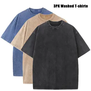 3-pack men’s plus-size vintage heavyweight sports T-shirts, 100% cotton fabric, acid wash finish, loose fit; summer sweat absorption, multiple colors available.