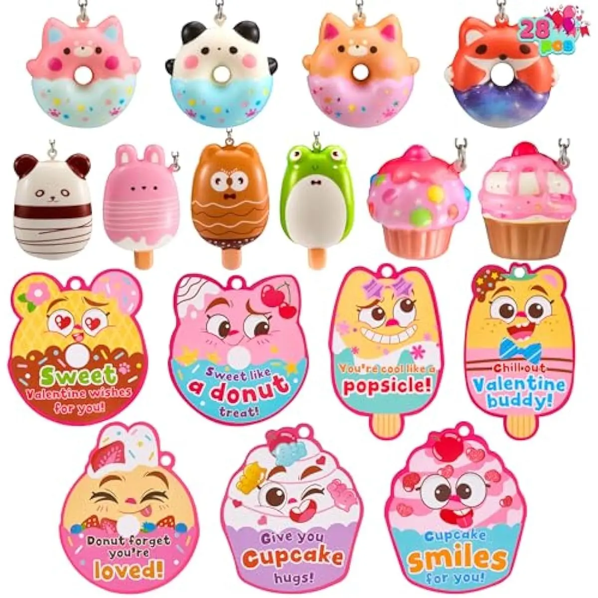 28 Packs Valentine Dessert squishy toys Stress Relief Keychains with Fun Dessert Cards, PU Donuts Squishy Toys, Cupcake & Popsicles Keychain, Slow-Rising Toy for Kids Classroom Gift Party Favor
