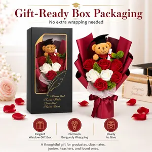 Graduation Teddy Bear Rose Bouquet Gift Box, Red White Floral Soap Flower Arrangement with Cap Bear, Ready to Give Window Box for Classmates Friends Teachers Graduation Ceremony Keepsake Artificial Rose Bear