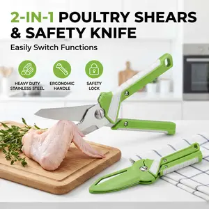 2-in-1 Poultry Shears & Safety Knife, Heavy Duty Stainless Steel Kitchen Scissors with Ergonomic Handle & Safety Lock for Meat, Chicken, Food Prep