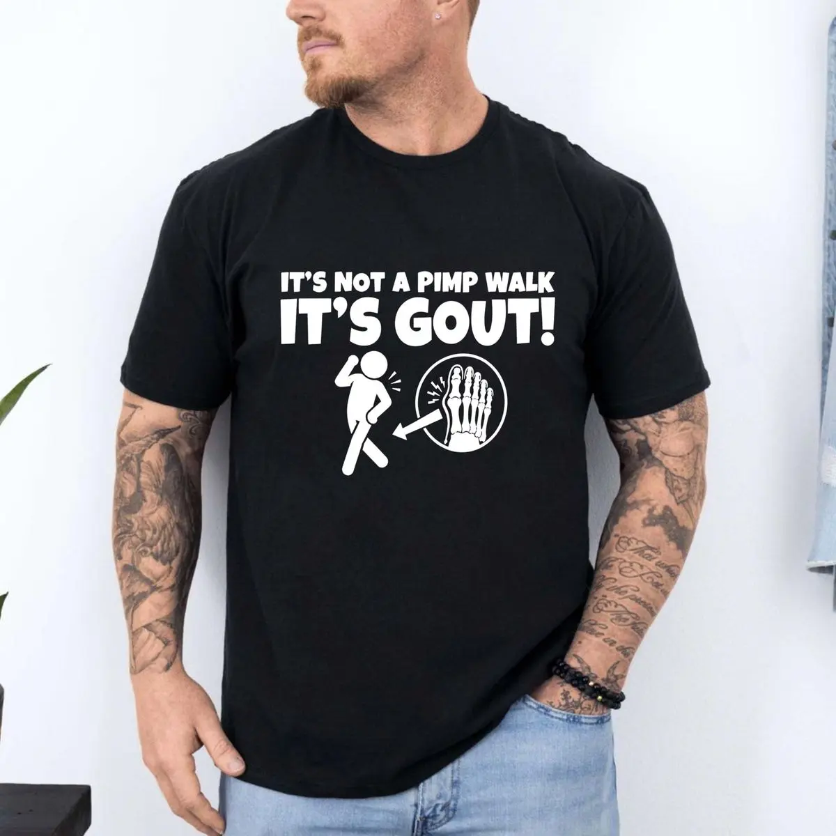 It’S Not A Pimp Walk It’S Gout T Shirt, Funny Arthritis Humor Tee, Sarcastic Foot Pain Shirt, Old Man Joke Graphic Tee, Gift For Dad Grandpa, Unisex Short Sleeve Tee, Casual Clothing Crewneck Tee